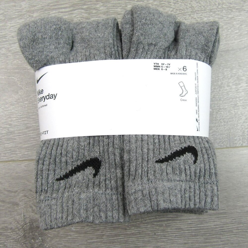 Nike Everyday Cushioned Crew Socks 6 Pack Womens 6-10 / Youth 5Y - 7Y Grey NEW - Picture 2 of 10